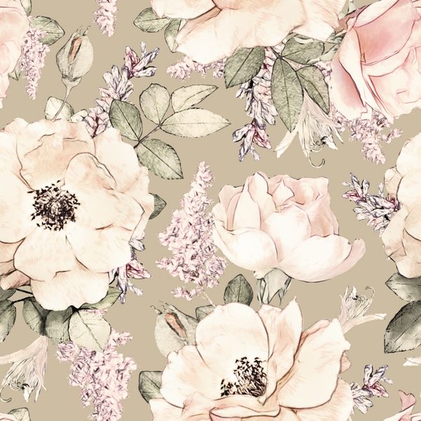 الگوی بدون درز با گل‌ها و برگ‌های صورتی در زمینه بژ الگوی گل آبرنگ گل رز به رنگ پاستل قابل کاشی برای کاغذ دیواری کارت یا پارچه