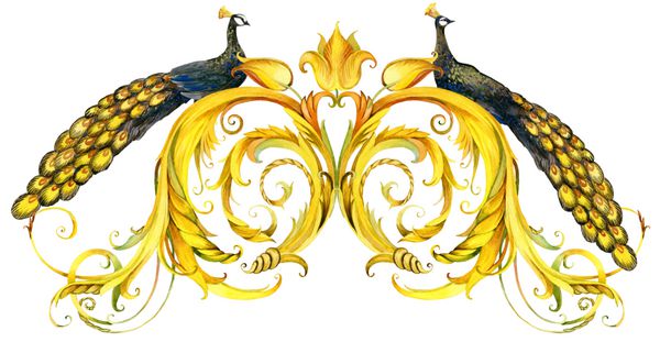 تصویر آبرنگ طاووس پس زمینه زینتی فرهای طلایی پرنعمت