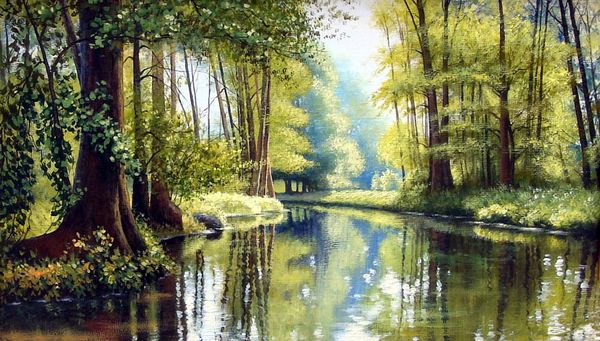 رودخانه منظره درختان نقاشی های رنگ روغن