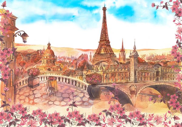 نقاشی آبرنگ پاریس شهری زیبا در آبرنگ