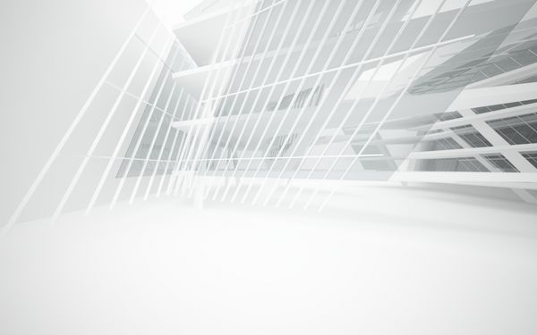 فضای داخلی سفید انتزاعی آینده با شیشه تصویرسازی و رندر سه بعدی