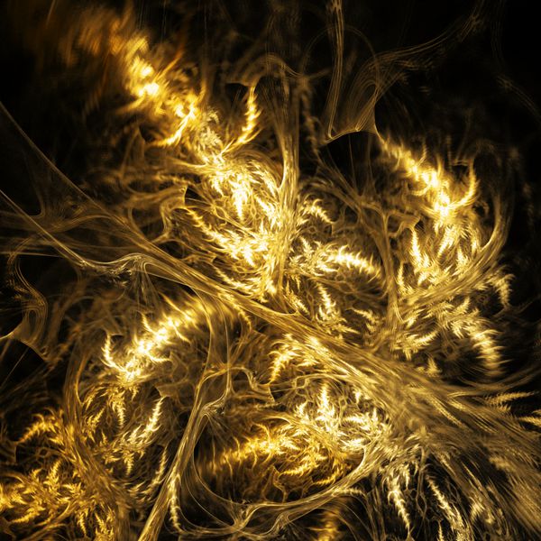 شاخه های طلایی تار انتزاعی در پس زمینه سیاه طراحی فراکتال روانگردان هنر دیجیتال رندر سه بعدی