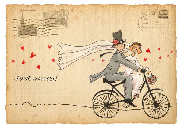 کارت تبریک عروسی قدیمی داماد و عروس با دوچرخه