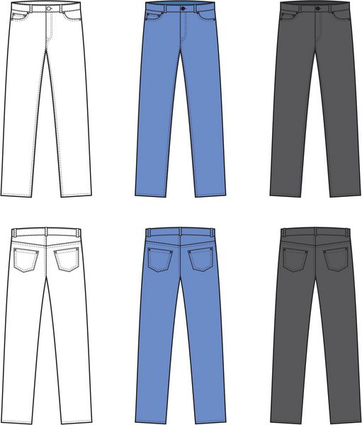 وکتور ست شلوار جین مردانه لباس به سبک جین نمای جلو و عقب تفاوت رنگ سفید آبی و مشکی
