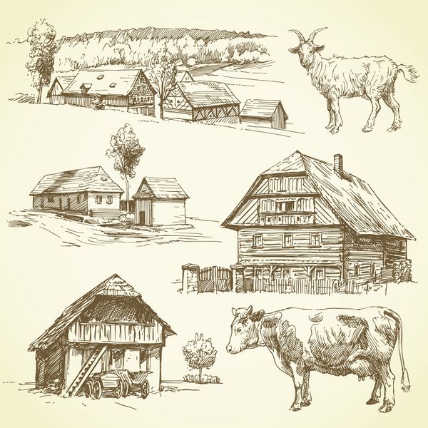مزرعه چشم انداز روستایی کشاورزی - مجموعه نقاشی دستی