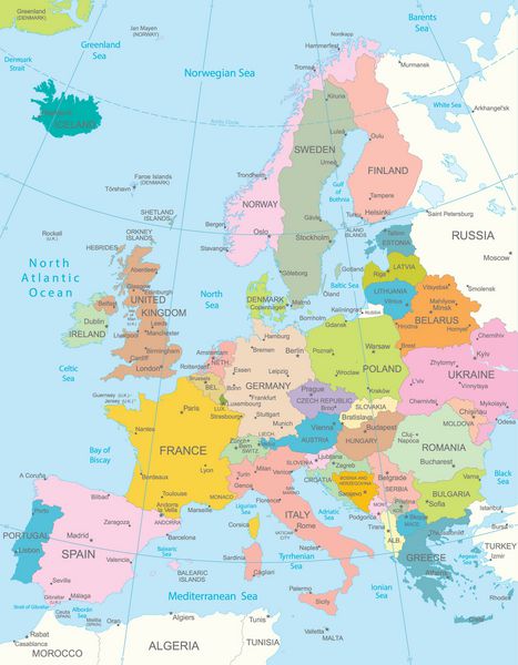 نقشه اروپا با جزئیات بسیار زیاد همه عناصر در لایه های قابل ویرایش با مشخصه برچسب جدا شده اند بردار