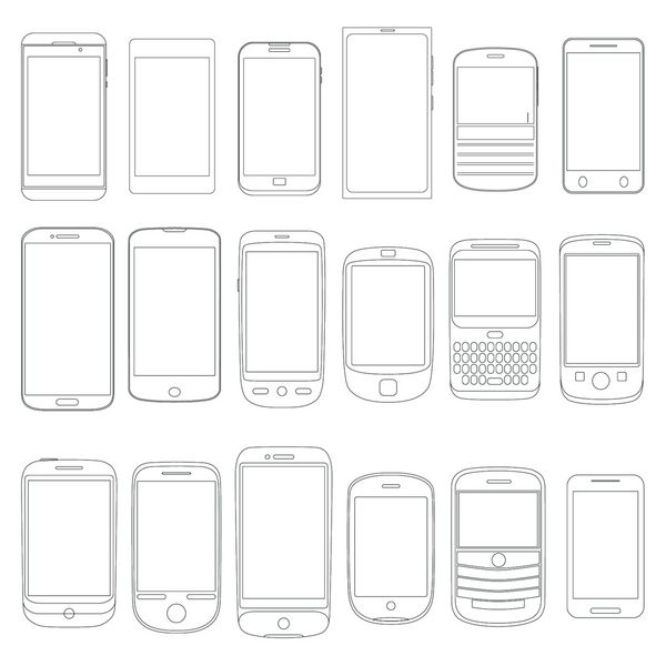 تصویر طرح کلی سیاه و سفید - مجموعه ای از طرح های مختلف تلفن همراه هوشمند تلفن همراه ساده به عنوان بردار