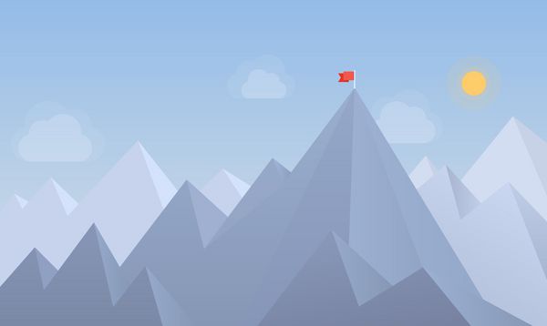 مفهوم وکتور مدرن طرح تخت با فضای کپی پرچم در قله کوه به معنای غلبه بر مشکلات دستیابی به هدف استراتژی برنده با تمرکز بر نتایج
