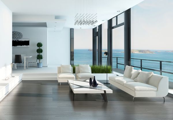 فضای داخلی اتاق نشیمن لوکس با نیمکت سفید و منظره دریا