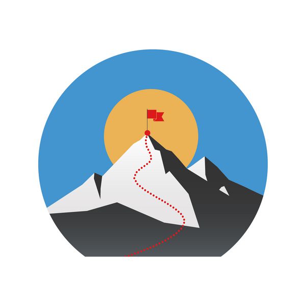 مفهوم تصویر با پرچم روی قله کوه به معنای غلبه بر مشکلات استراتژی برنده با تمرکز بر نتایج