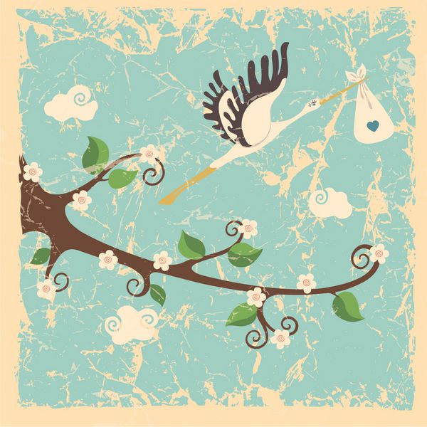 ترکیب کارتونی زیبای کودک شاخه گلدار درخت لک لک پرنده با نوزاد پسر آسمان و ابرها در تصویر کارتونی پس زمینه گرانج قدیمی وکتور