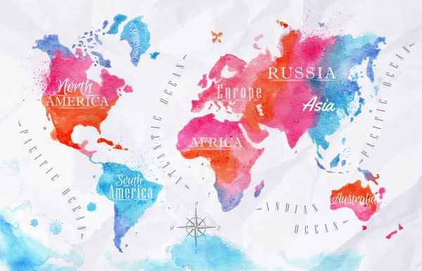 نقشه جهان آبرنگ با فرمت وکتور در رنگ های صورتی و آبی روی پس زمینه کاغذ مچاله شده