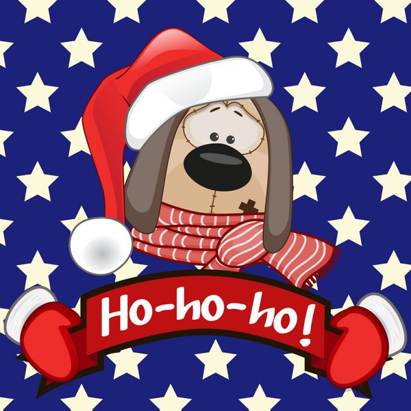 تصویر کریسمس از سگ کارتونی در کلاه بابانوئل در پس زمینه ستاره