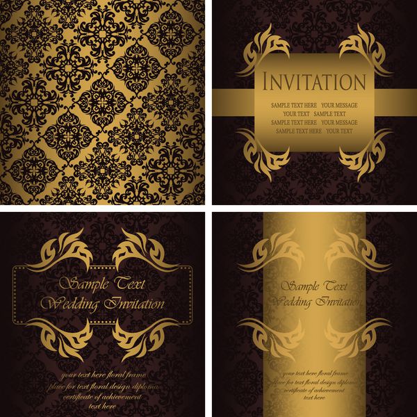 مجموعه ای از سه کارت و الگوی کاغذ دیواری بدون درز دکوراسیون قدیمی در یک طلا قاب با عناصر تزئینی قابل استفاده به عنوان دعوتنامه عروسی