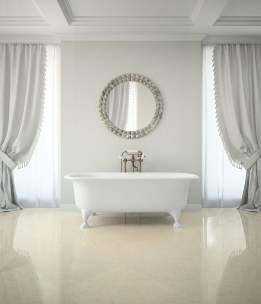 فضای داخلی حمام کلاسیک با پرده های گرد آینه رندر سه بعدی