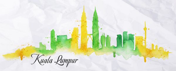 سیلوئت شهر کوالالامپور که با قطرات آبرنگ رنگ آمیزی شده است نقاط دیدنی را با رنگ های زرد مایل به سبز نشان می دهد