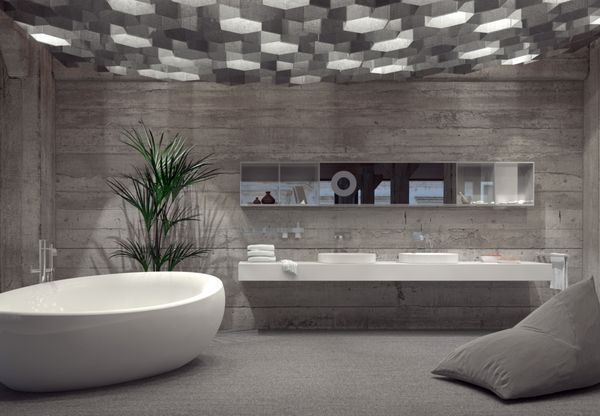 فضای داخلی حمام لوکس خاکستری مدرن با وان قایق‌شکل ایستاده و روشویی دوتایی که با مجموعه‌ای از چراغ‌های پایین شش ضلعی روشن می‌شود رندر سه بعدی