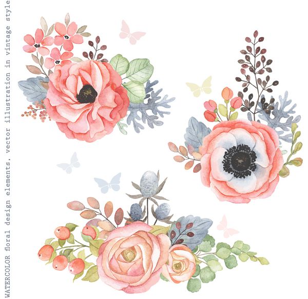 مجموعه طرح تزئینی گل و برگ آبرنگ به سبک وینتیج با پروانه