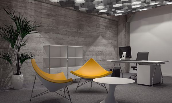 فضای داخلی اتاق مدرن مبله شده با مبلمان اداری و نشیمن معاصر دارای دو صندلی زرد روشن در اطراف میز گرد کوچک و میز اداری و کامپیوتر در پس زمینه رندر سه بعدی