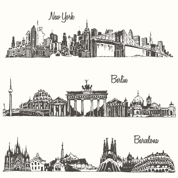 مجموعه ای از شهرها نیویورک برلین بارسلونا وکتور حکاکی شده طراحی شده با دست
