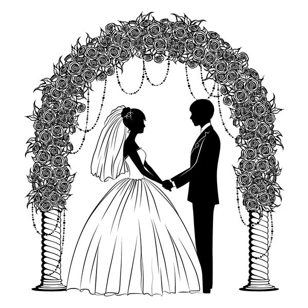 سیلوئت های عروس و داماد در لباس کلاسیک