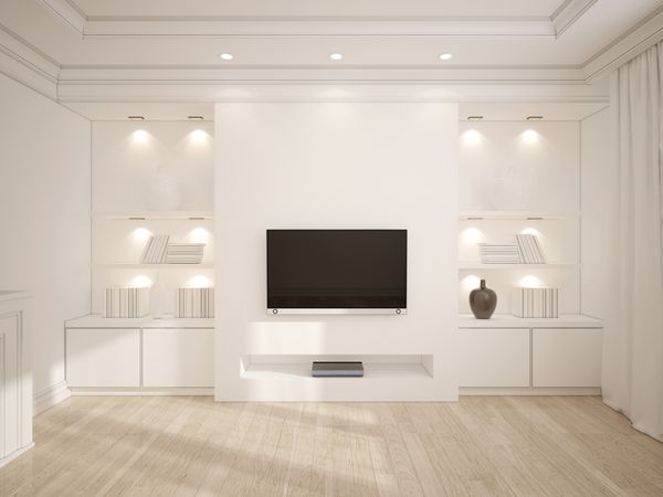 تصویر سه بعدی از اتاق نشیمن مدرن سفید با مبلمان چوبی و تلویزیون