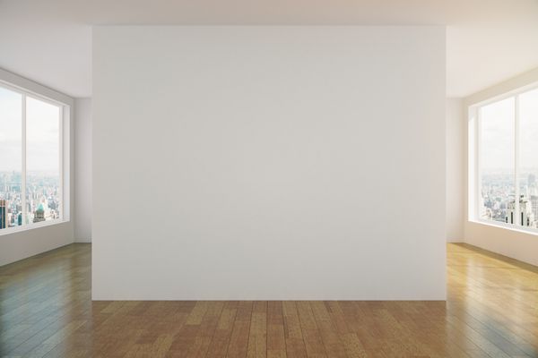 اتاق زیر شیروانی خالی آفتابی مدرن با دیوار سفید و کف چوبی رندر سه بعدی