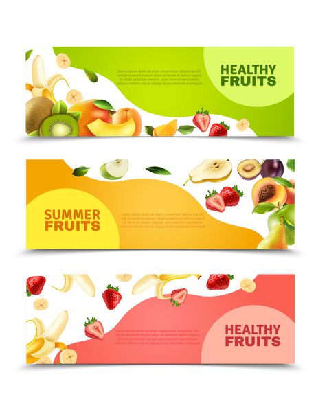 رژیم غذایی سالم تابستانی میوه‌ها و انواع توت‌های رشد یافته ارگانیک 3 بنر افقی رنگارنگ مجموعه وکتور جدا شده انتزاعی