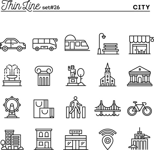 شهر حمل و نقل فرهنگ خرید و موارد دیگر مجموعه نمادهای خط نازک وکتور