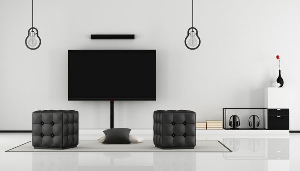 سالن مینیمالیستی سیاه و سفید با تلویزیون بوفه و رندر سه بعدی