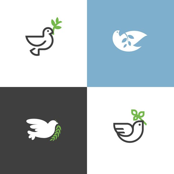 کبوتر صلح با شاخه سبز مجموعه ای از آیکون ها و آرم ها به سبک طراحی خط مسطح تصاویر وکتور