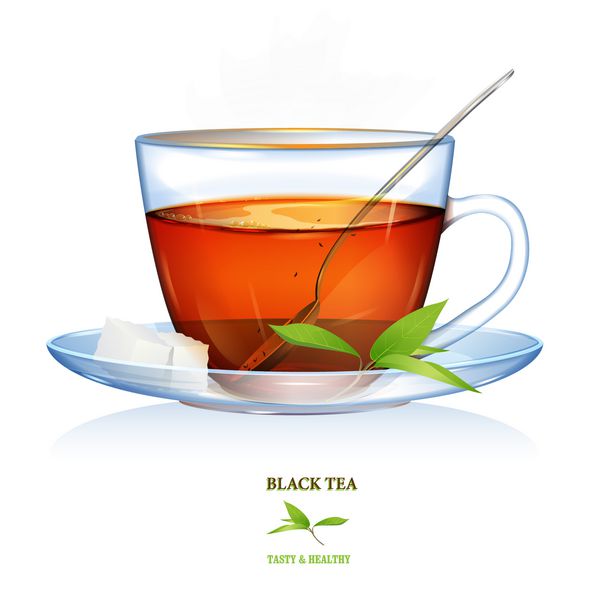 تصویر چای سیاه با برگ قاشق و دو عدد شکر فنجان شیشه ای