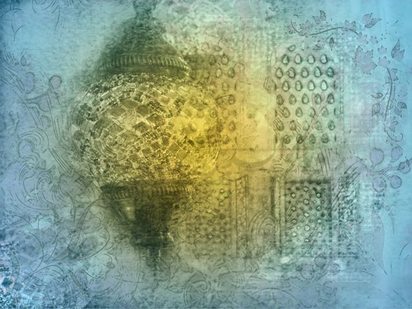 نقاشی هنری انتزاعی پنجره های مسجد با نقش عربی فانوس عید و خط عربی کارت تبریک یا پس زمینه تصویر زمینه