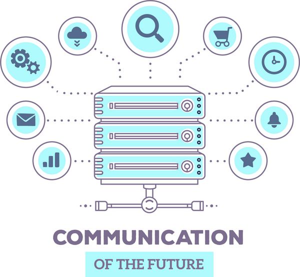 اینفوگرافیک خلاقانه وکتور از سرور داده با آیکون ها و ارتباط متنی آینده در پس زمینه سفید مفهوم ارتباط طراحی دستی به سبک هنری خط نازک تخت از سرور