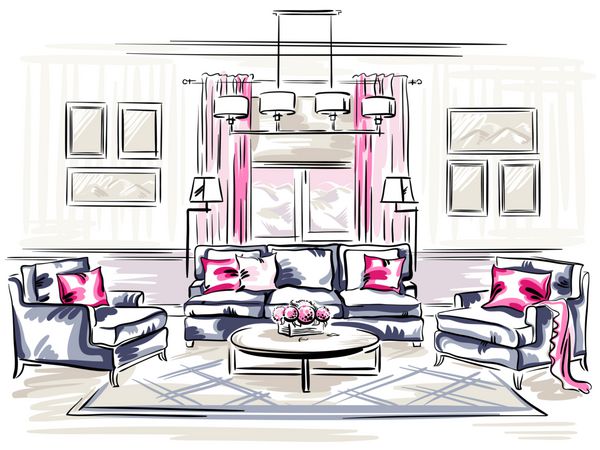 طراحی داخلی اتاق نشیمن کلاسیک با مبل صندلی بازو بالش صورتی و فریم دیوار طرح طراحی شده با دست سبک آمریکایی