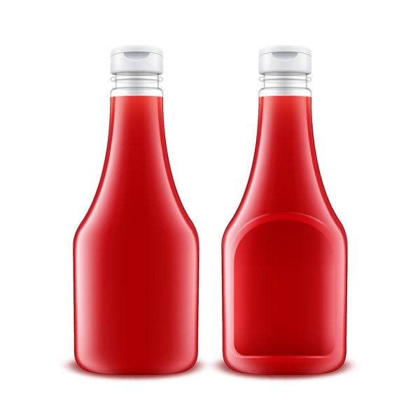 مجموعه وکتور بطری سس گوجه فرنگی قرمز پلاستیکی شیشه ای خالی برای برندینگ بدون برچسب جدا شده روی پس زمینه سفید