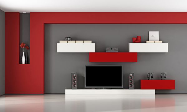 اتاق نشیمن قرمز و خاکستری با واحد دیواری و تلویزیون - رندر سه بعدی