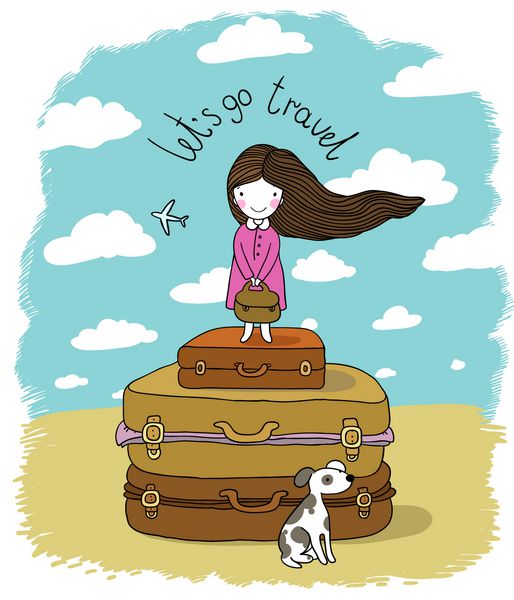 دخترک زیبا روی چمدان هواپیما و سگ طراحی دستی اشیاء جدا شده در زمینه سفید وکتور رهگذر