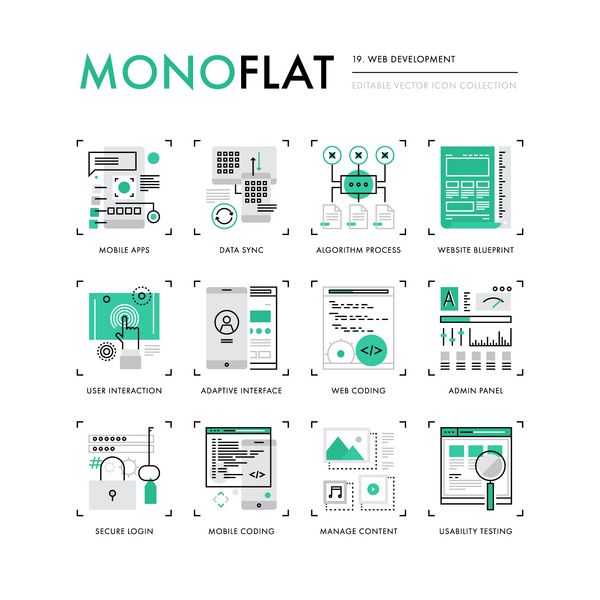 مجموعه آیکون های اینفوگرافیک توسعه وب برنامه نویسی برنامه های تلفن همراه تست رابط کاربری مجموعه آیکون های خط نازک مدرن مفهوم وکتور با کیفیت برتر عناصر گرافیکی وب طراحی مسطح