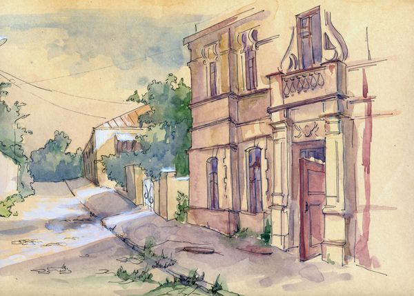 منظره شهر خیابان شهر قدیمی سواستوپل کریمه طرح های سفر آبرنگ نقاشی با دست