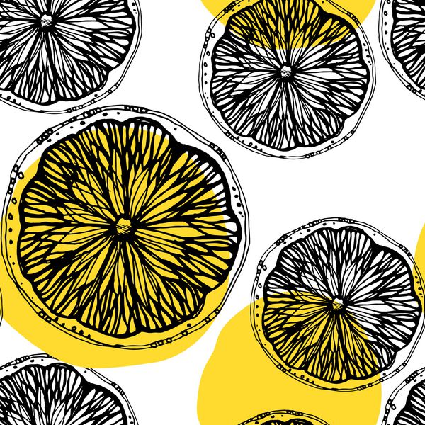 الگوی بدون درز با مرکبات طرح‌دار و تکه‌های لیمو برش لیمو با خط نقاشی شده با دست
