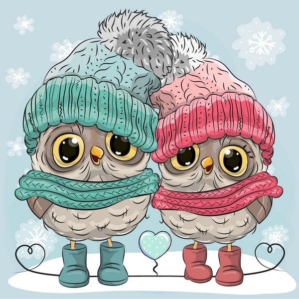 تصویر زیبای زمستانی دو جغد پسر و دختر با کلاه و روسری