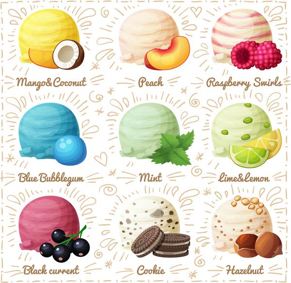 مجموعه ای از نمادهای وکتور کارتونی جدا شده در پس زمینه سفید اسکوپ بستنی با طعم های مختلف میوه و توت بستنی نارگیل هلو چرخش تمشک آدامس حباب آبی نعناع و غیره قسمت 5