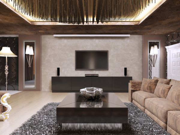 واحد تلویزیون در اتاق نشیمن لوکس طراحی شده به سبک مدرن این طرح در رنگ های قهوه ای و زرد ساخته شده است رندر سه بعدی