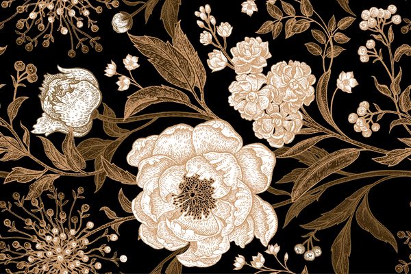 گل صد تومانی گل های سفید گل های گلی با برگ شاخه های فویل طلا در زمینه سیاه الگوی گل وکتور بدون درز هنر قدیمی برای دستمال کاغذی سبک طراحی دستی حکاکی های شرقی