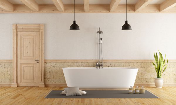 حمام به سبک روستیک با وان حمام مدرن - رندر سه بعدی