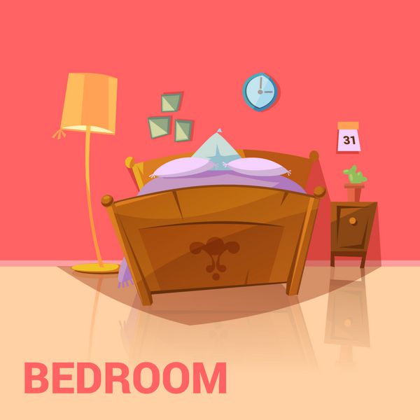 طراحی رترو اتاق خواب با تصویر تقویم تختخواب و تصویر کارتونی لامپ