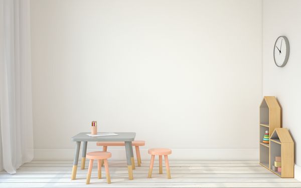 فضای داخلی اتاق بازی با میز کوچک و سه صندلی سبک اسکاندیناوی رندر سه بعدی