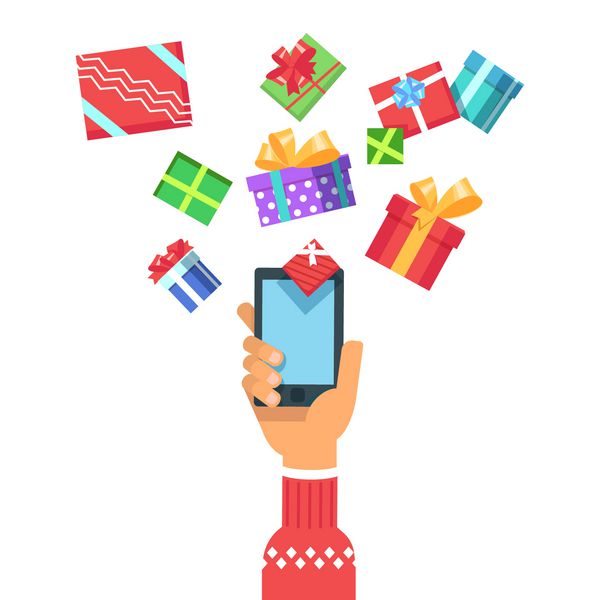 وکتور از یک دست در لباس زمستانی کریسمس که یک ابزار تلفن در دست دارد جعبه هدایای کریسمس را می دهد یا هدایایی دریافت می کند مفهوم خرید آنلاین به سبک تخت