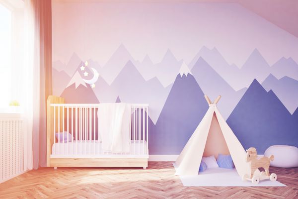 اتاق نوزاد تخت چادر رندر سه بعدی تصویر رنگ آمیزی شده